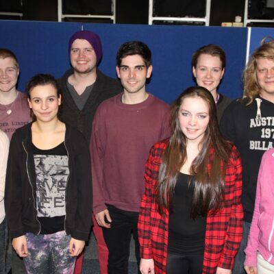 Peter Pan star Sam Swann (pictured centre) with Stratford-upon-Avon College’s HND Acting students.