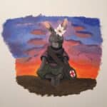 Painting of an anthropomorphised rabbit sitting in front a sunset.