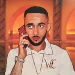 Stylised portait of a man using a phone.