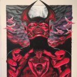 Stylised painting of a red devil.