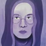 Portrait painting of a woman with glasses coloured various shades of violet.
