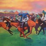Colourful painting of racehorses.