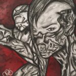 Black and white sci-fi character over a mottled red background.