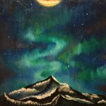 Painted picture of the northern lights over a snow-capped mountain at night.