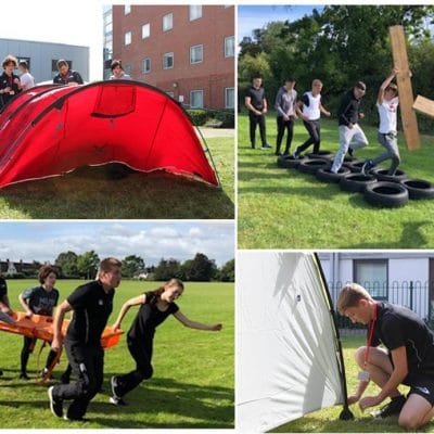 students putting up a tent collage