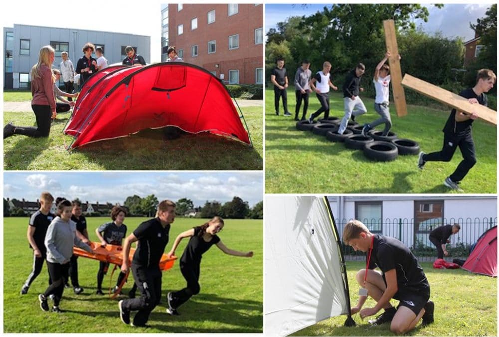 students putting up a tent collage