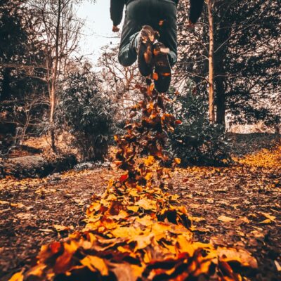 student jumping in autumn leave