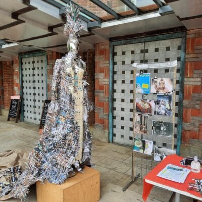 Dress made of paper weaves on display in Stratford