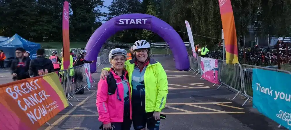 Sara Greedy with cycling partner at start line at stratford-upon-avon college