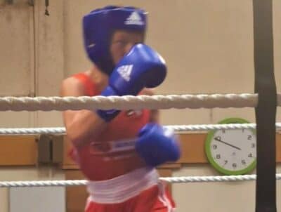 Sam during fight close up at Stratford-upon-Avon College