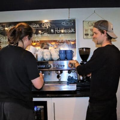 Harry and Ben making coffee