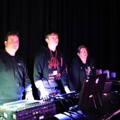 Students during lighting tests from backstage production tests at Stratford Upon Avon College