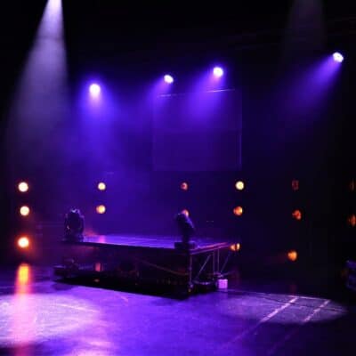 Purple light on stage at Stratford upon avon College