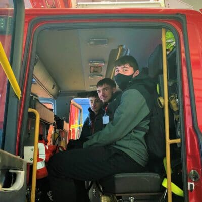 Students in the fire engine
