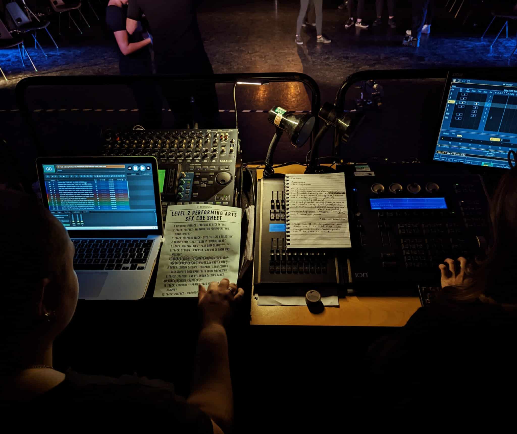 Students in a theatre control booth.