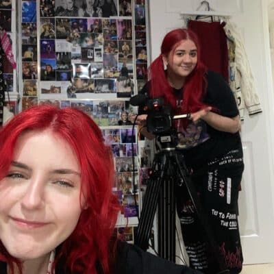 Becca and colleague during filming project