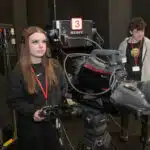 Media students operating television camera equipment at Stratford-upon-Avon College.