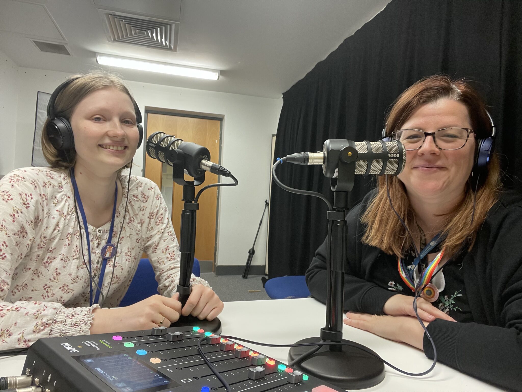 Learning Technologies team Isla and Emily in recording studio