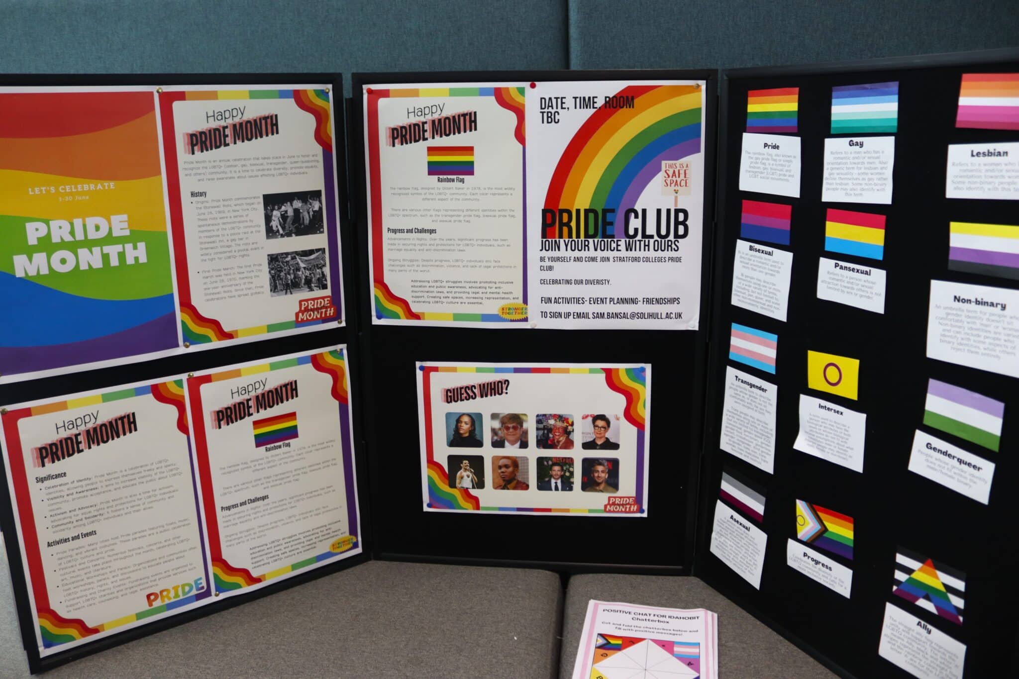 College celebrates Pride Month - board with Pride month posters