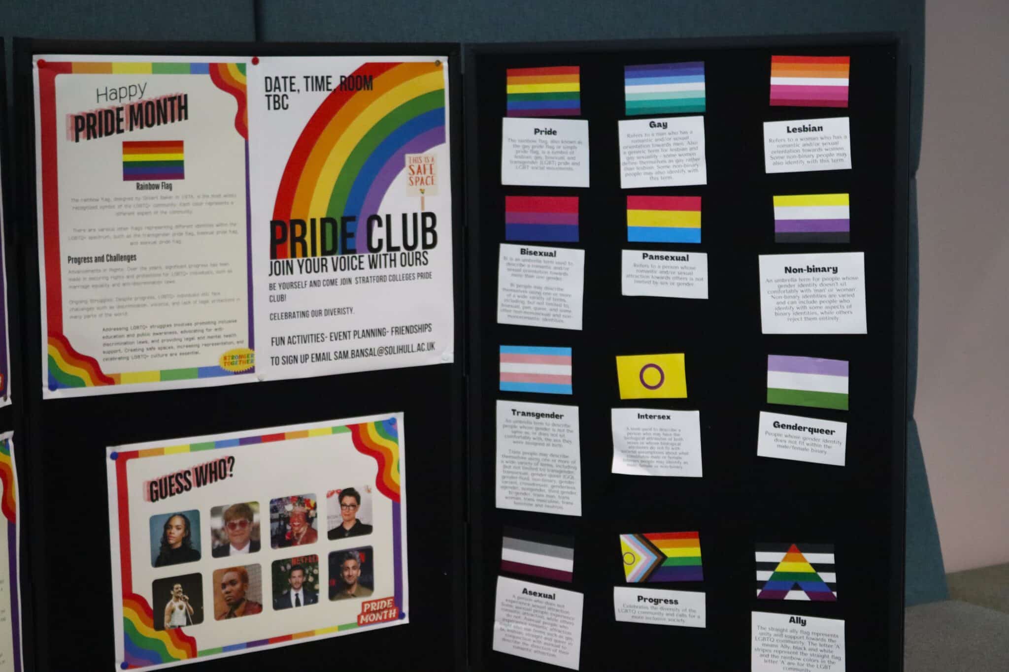 College celebrates Pride Month - board with posters