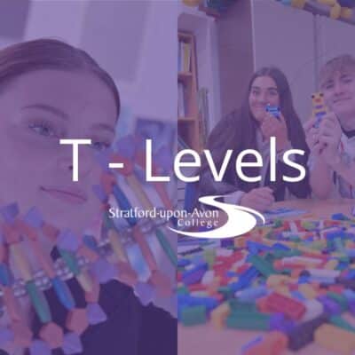 2 images one of student looking at a double helix next to a picture of two students playing with lego all covered in a purple haze with the words T-Level in white in the middle