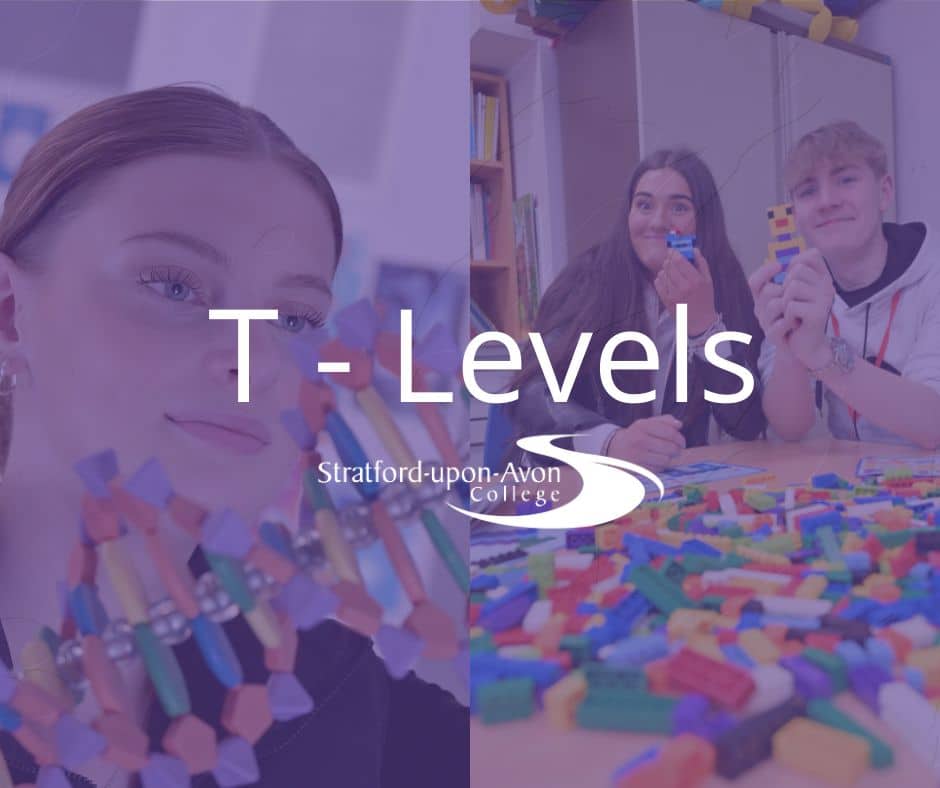 2 images one of student looking at a double helix next to a picture of two students playing with lego all covered in a purple haze with the words T-Level in white in the middle