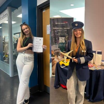 2 halves o screen, both feature a student, on left student holding certificate, on right student in Pilot uniform holding a mini aeroplane