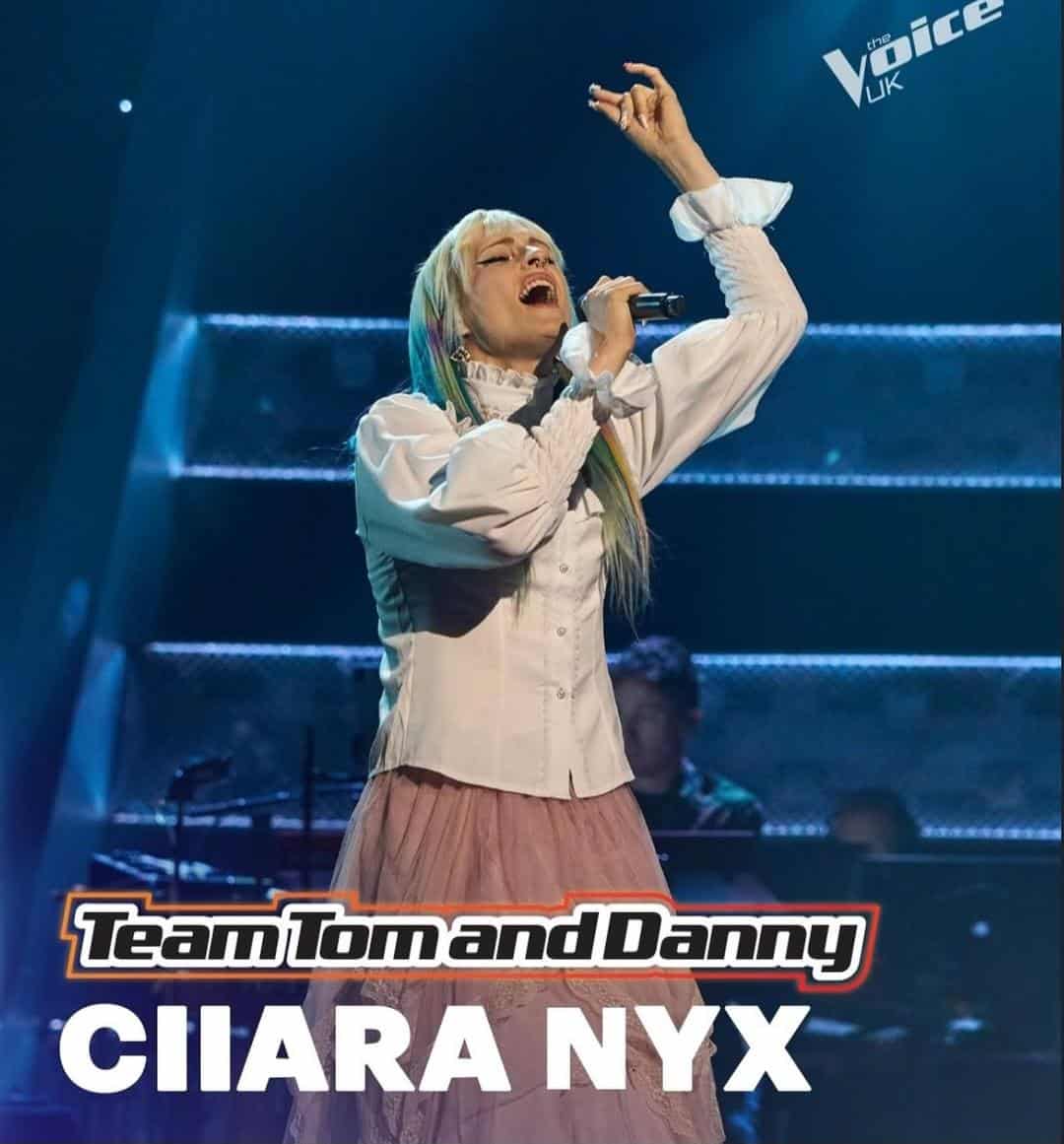 person singing on stage into a microphone with the judging names underneath